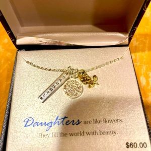Brand new in box silver plated Daughter necklace with 3 charms